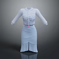 Light Blue Dress with Collared Neckline Floral Pattern Pink Belt Split Hem Pleated Design
