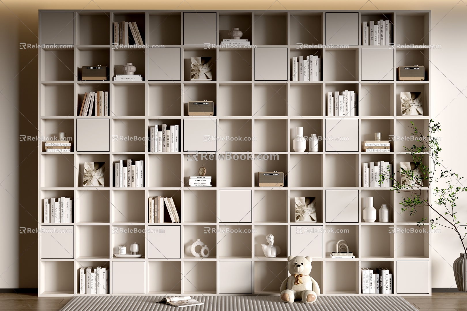 Modern Wood Cream Style Cabinet Minimale Style Bookcase Entire Cabinet Bookcase Storage Cabinet Full Wall Cabinet 3d model