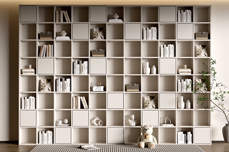 Modern Wood Cream Style Cabinet Minimale Style Bookcase Entire Cabinet Bookcase Storage Cabinet Full Wall Cabinet 3d model