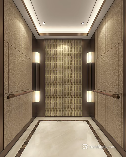 Luxurious Elevator Interior With Beige Panel Walls Patterned Decorative Panel And Wall Mounted Lights 3d model