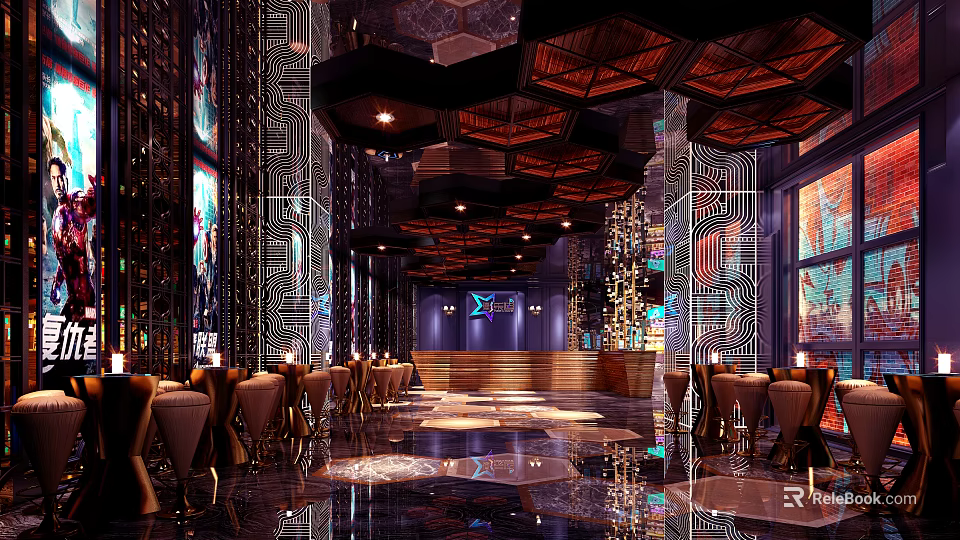 Modern Cinema Interior With Comfortable Seats Large Screen And Ambient Lighting 3d model 