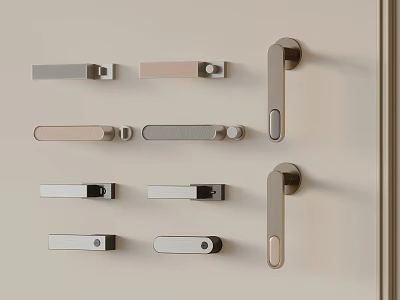 Various Modern Door Handles In Neutral Tones With Sleek Metal Finishes Displayed On Beige Wall 3d model