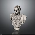 White Marble Classical Bust Sculpture With Curly Hair Drapery And Round Base On Dark Background