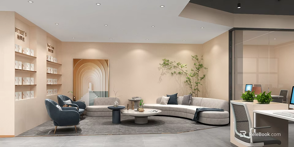 Cozy Leisure Area With Curved Sofa Blue Armchairs Round Coffee Tables And Green Plants 3d model 
