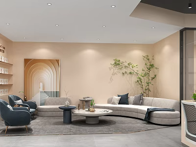 Cozy Leisure Area With Curved Sofa Blue Armchairs Round Coffee Tables And Green Plants 3d model