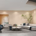 Cozy Leisure Area With Curved Sofa Blue Armchairs Round Coffee Tables And Green Plants