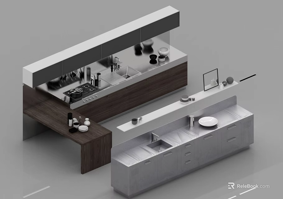 Modern Kitchen Interior Design With Sleek Cabinets And Wooden Countertop 3d model