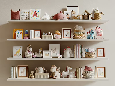 Cute Decorative Ornament Set With Unicorn Dolls Photo Frames And Books On White Shelves 3d model