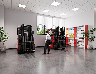 Indoor Forklift Showroom With Man Examining Two Forklifts Shelves And Plants 3d model