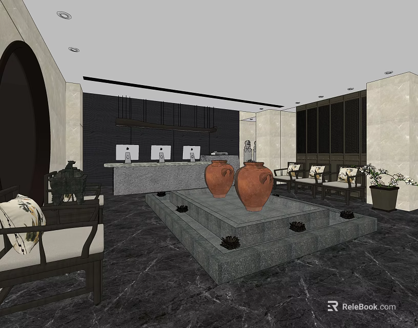 Modern Store Front Desk Interior Design With Marble Counter Seating Area And Decorative Vases 3d model 