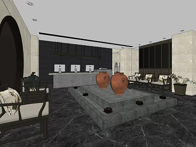 Modern Store Front Desk Interior Design With Marble Counter Seating Area And Decorative Vases 3d model
