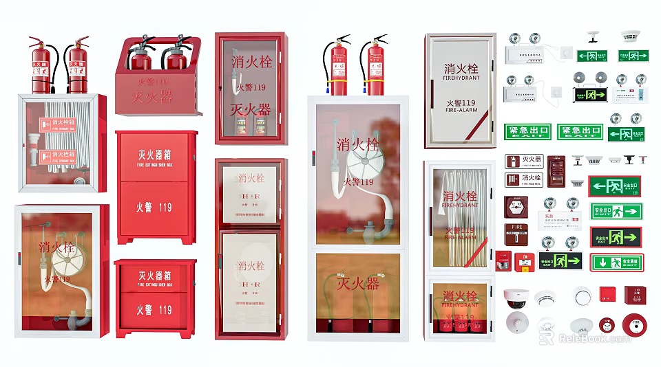 Red Fire Safety Equipment Including Extinguishers Hydrants Emergency Boxes And Signage 3d model 