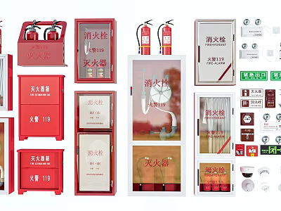 Red Fire Safety Equipment Including Extinguishers Hydrants Emergency Boxes And Signage 3d model