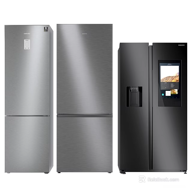 Stainless Steel And Black Refrigerators With Double Door And Smart Screen Design 3d model 