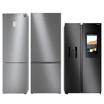 Stainless Steel And Black Refrigerators With Double Door And Smart Screen Design 3d model