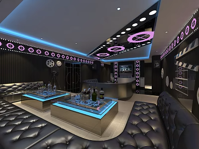 KTV Interior With Black Leather Sofas Illuminated Coffee Tables Wine Glasses And Ceiling Light Decor 3d model