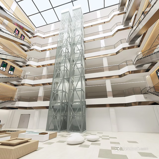 Modern Atrium Interior With Glass Elevator And Multi Level Walkways 3d model 