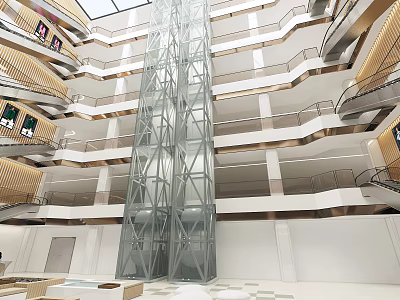Modern Atrium Interior With Glass Elevator And Multi Level Walkways 3d model