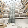 Modern Atrium Interior With Glass Elevator And Multi Level Walkways 3d model