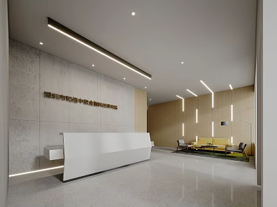 Modern Reception Area With White Front Desk Gray Accent Wall Wooden Panels And Linear Lighting 3d model