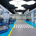 Modern Standard Testing Space Interior with Blue Flooring White Stripes Yellow Lines and Glass Partitions