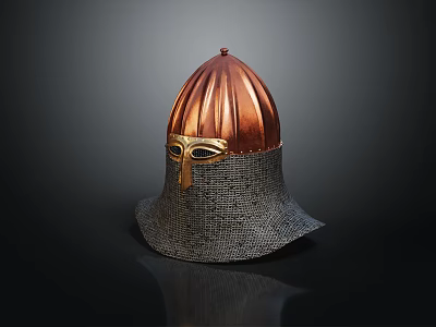 Ancient Decorative Helmet With Copper Dome Top Golden Visor And Gray Mesh Neck Guard 3d model