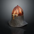 Ancient Decorative Helmet With Copper Dome Top Golden Visor And Gray Mesh Neck Guard
