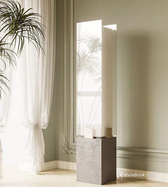 Elegant Floor Lamp With Square Base By Window And White Curtains On Light Colored Wall 3d model 