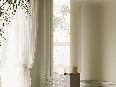 Elegant Floor Lamp With Square Base By Window And White Curtains On Light Colored Wall 3d model