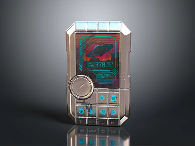 Retro Futuristic Handheld Device With Metallic Casing Digital Screen And Blue Buttons 3d model
