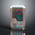 Retro Futuristic Handheld Device With Metallic Casing Digital Screen And Blue Buttons