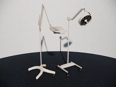Two White Mobile Medical Surgical Lamps with Stand Mounted Wheels and Multiple Light Heads 3d model