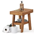Wooden Stool With Wash Bottle Brush Towels Toilet Paper Rolls And Slippers For Daily Washing