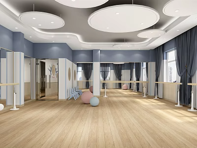 Spacious Fitness Dance Studio With Blue Walls Large Mirrors Barre And Wooden Floor 3d model