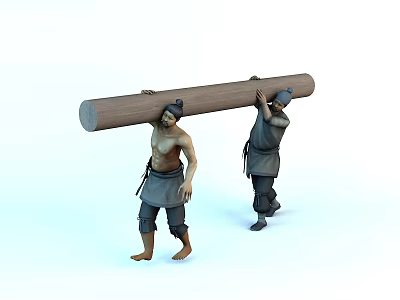 Two men carefully carrying large solid wooden log on their shoulders together 3d model