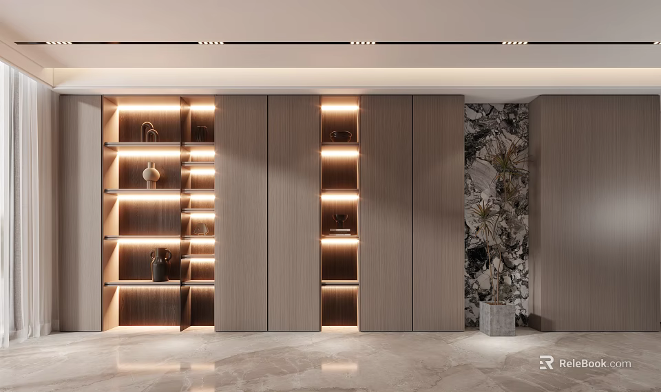 Elegant Modern Decorative Cabinet With Wooden Layered Shelves LED Lighting And Decorations 3d model 