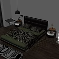 Double Bed With Black Leather Headboard Zebra Print Green Bedding Bedside Tables And Wooden Floor