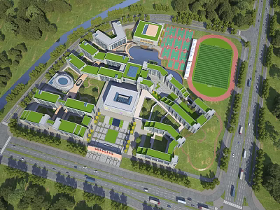 Modern School Buildings Featuring Green Roofs Sports Field Basketball Courts and Surrounding Trees 3d model