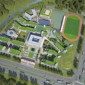 Modern School Buildings Featuring Green Roofs Sports Field Basketball Courts and Surrounding Trees