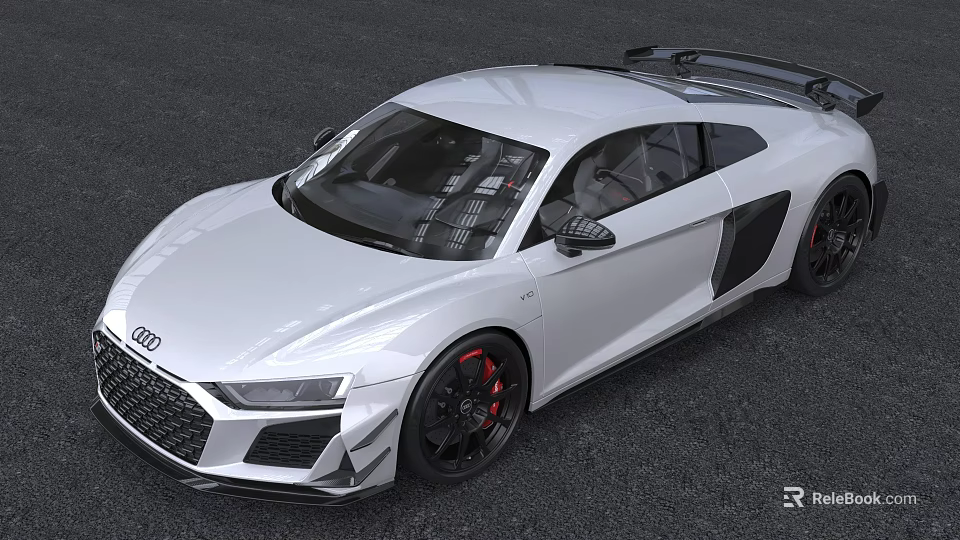 White Audi R8 Two Door Coupe With Black Wheels Red Brake Calipers And Sporty Spoiler 3d model 
