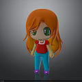 3D Cartoon Character With Orange Hair Green Eyes Red Shirt Blue Pants Purple Shoes
