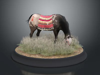 Grass Plants On Circular Base With Horse Grazing Wearing Colorful Blanket 3d model