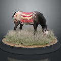 Grass Plants On Circular Base With Horse Grazing Wearing Colorful Blanket