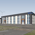Modern Industrial Factory Building Exterior Design with Gray White Facade Windows Trees and Street Lights