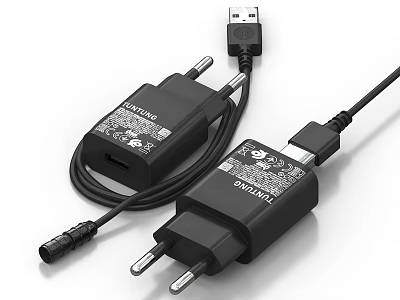 Black AC Power Adapters With USB Charger Cables For Daily Electrical Use 3d model
