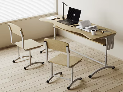 Modern Home Office Desk And Chair Set With Laptop Lamp Books And Cup 3d model