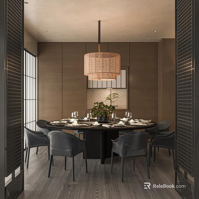 Elegant Private Dining Room With Round Table Gray Chairs Green Plant And Woven Pendant Light 3d model