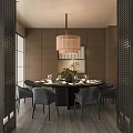 Elegant Private Dining Room With Round Table Gray Chairs Green Plant And Woven Pendant Light 3d model