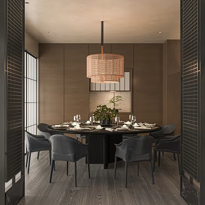Elegant Private Dining Room With Round Table Gray Chairs Green Plant And Woven Pendant Light 3d model