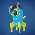 Blue Rocket Shaped Doll With Yellow Base Transparent Circular Window And Starry Sky Background 3d model